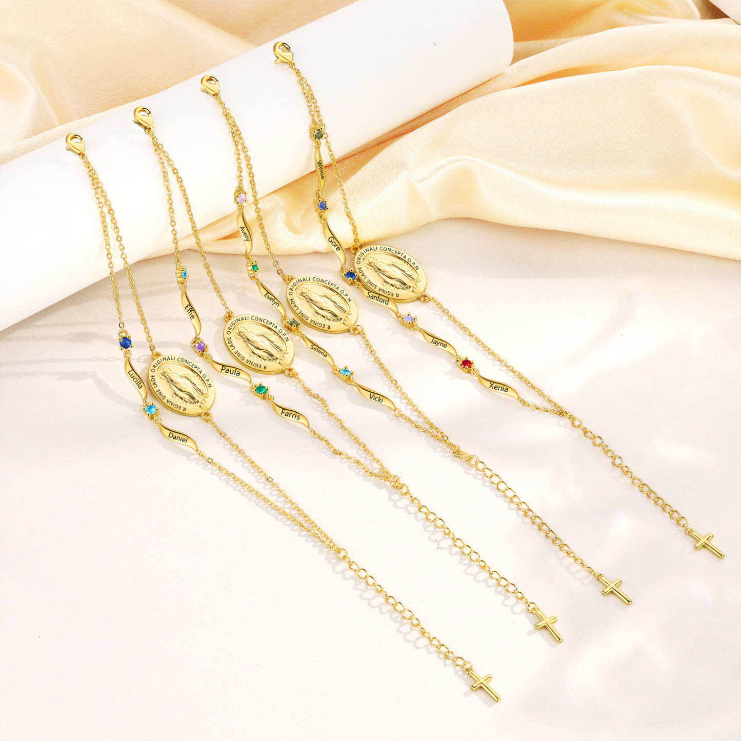 Bracelet avec prénom et pierre de naissance, bracelet croix pour elle