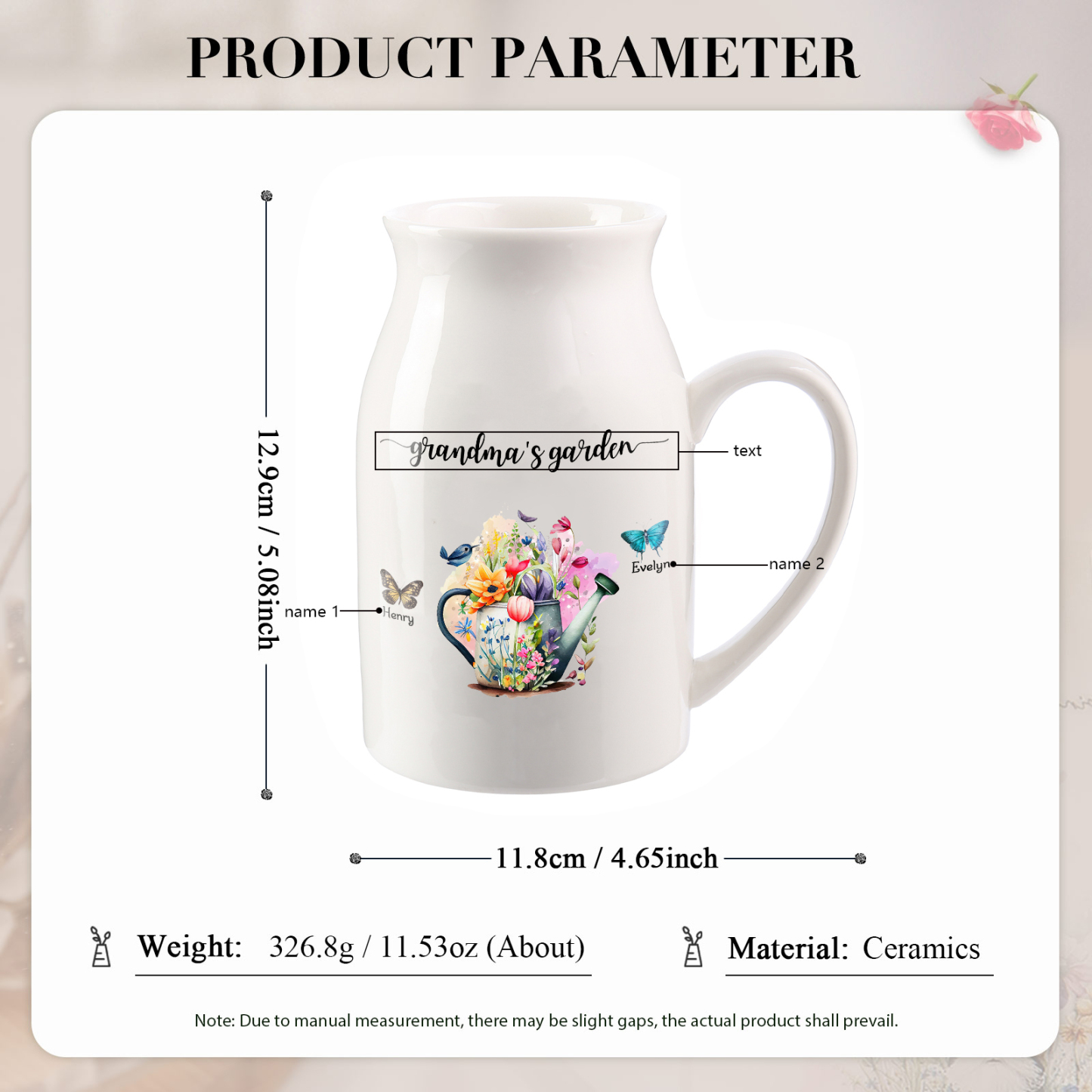 Vase à Fleurs 2 Prénoms Personnalisés avec 1 Texte Décoration de la Maison
