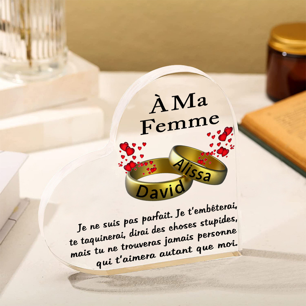 À Ma Femme-Plaque Acrylique en Forme de Cœur 2 Prénoms Personnalisés