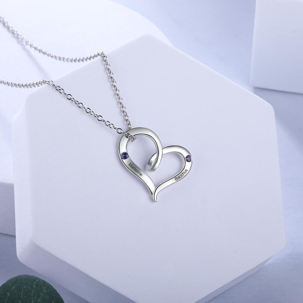 Collier Cœur 2 Prénom Personnalisé Pendentif avec 2 Pierres de Naissance