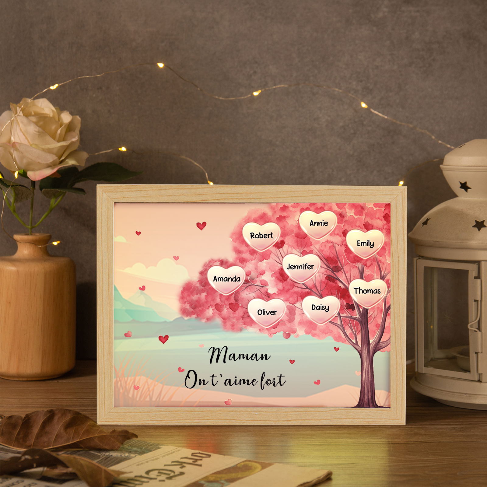 Cadre Photo LED Arbre 8 Prénoms Personnalisés avec 1 Texte Décoration Famille