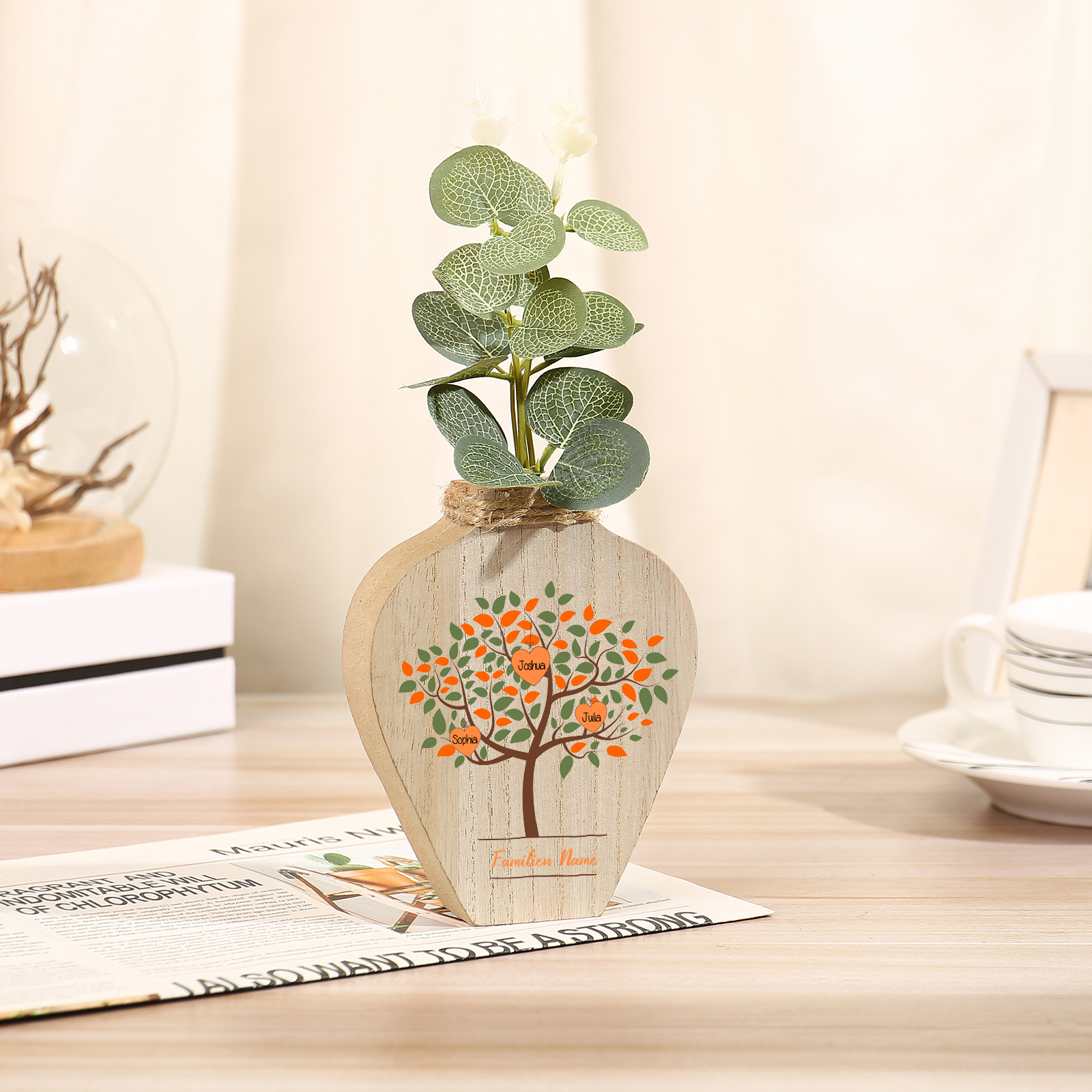 Petit Vase Créatif en Bois Arbre 3 Prénoms Personnalisés avec Texte Décoration de la Maison (sans plantes)