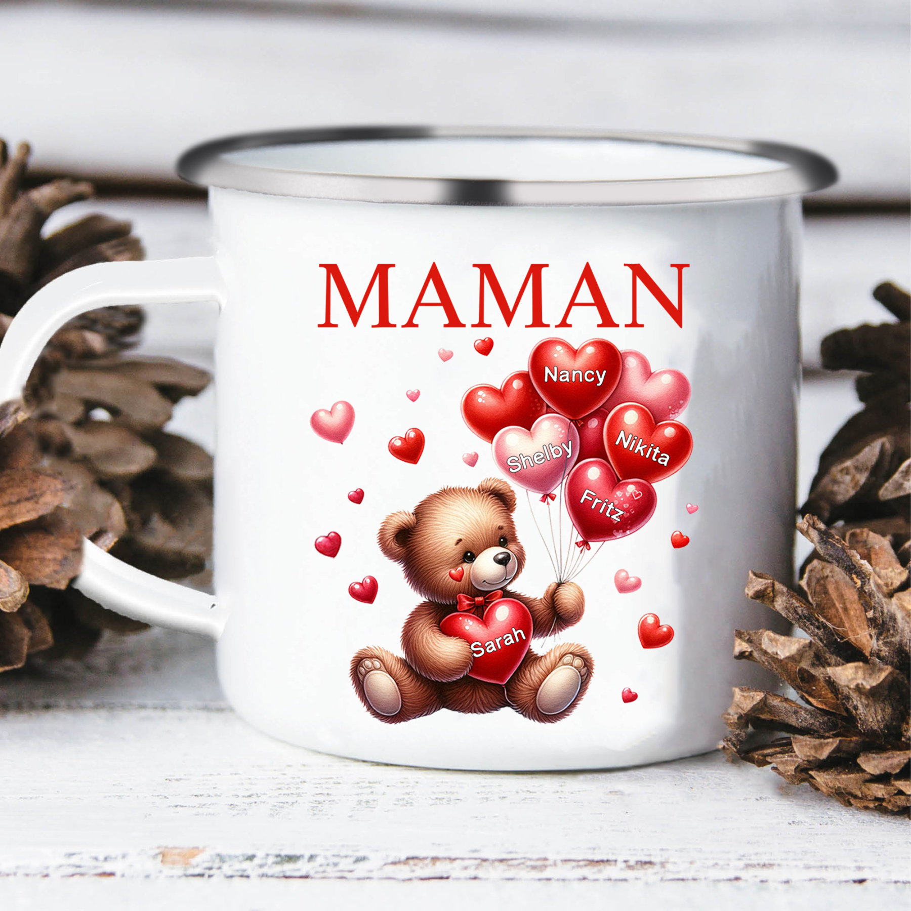 À Maman/Mamie - Tasse émaillée Ours 5 Prénoms Personnalisés