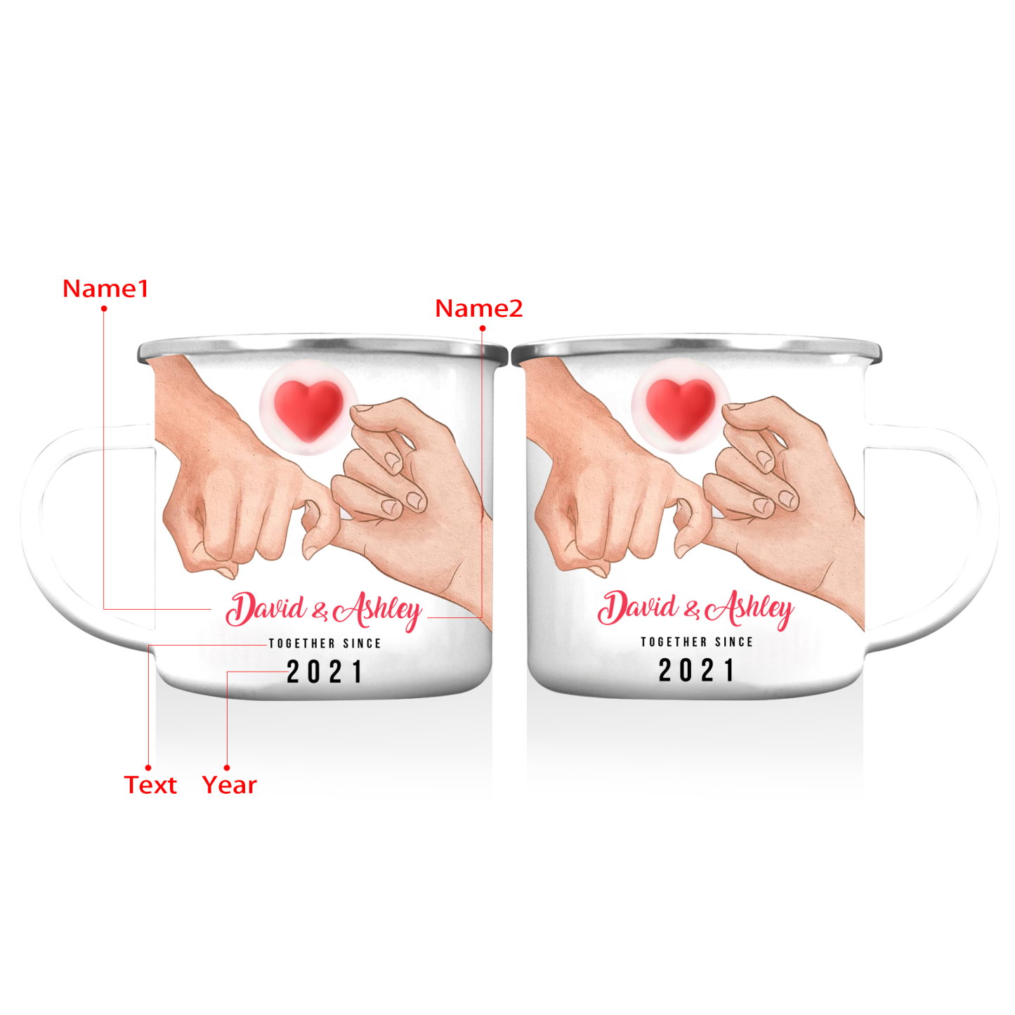 Tasse émaillée 2 Prénoms Personnalisés avec Texte et Année pour Couple promesse du petit doigt