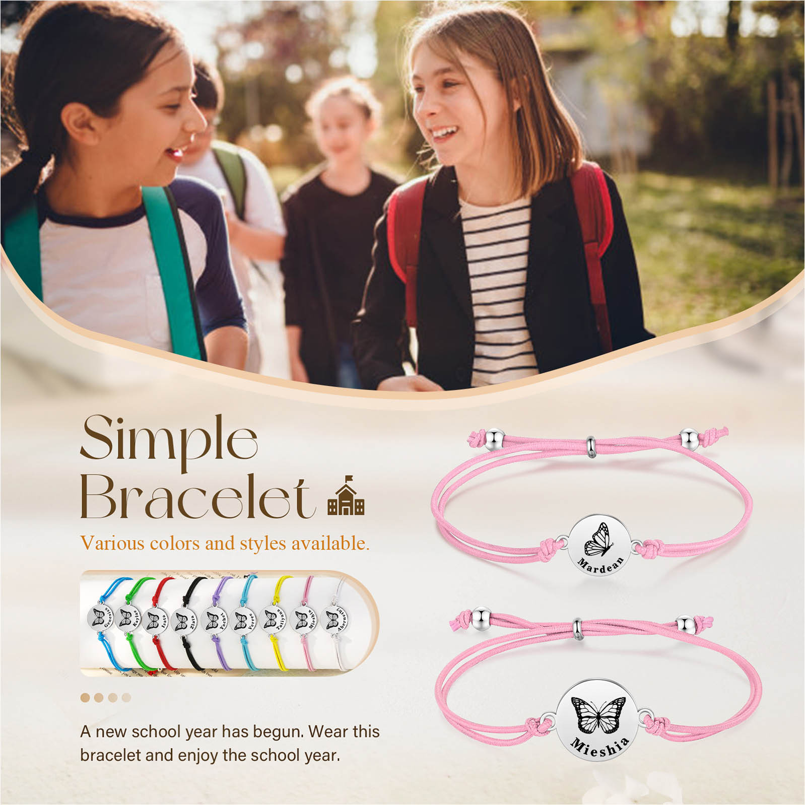 2PCS Ensemble de Bracelets Papillons 2 Prénoms Personnalisés Corde élastiques - Cadeau Rentrée Scolaire Premier jour d’école