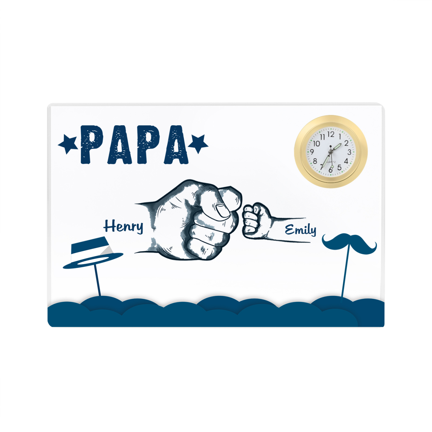 À Papa/Papi - Plaque Acrylique Poings Rectangle avec Horloge 2 Prénoms et 1 Texte Personnalisés