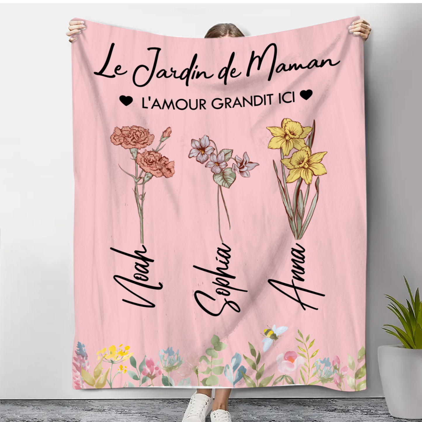 Couverture en Flanelle Personnalisée - Fleurs de Naissance et Prénoms pour Cadeaux d’Amour | Jessemade