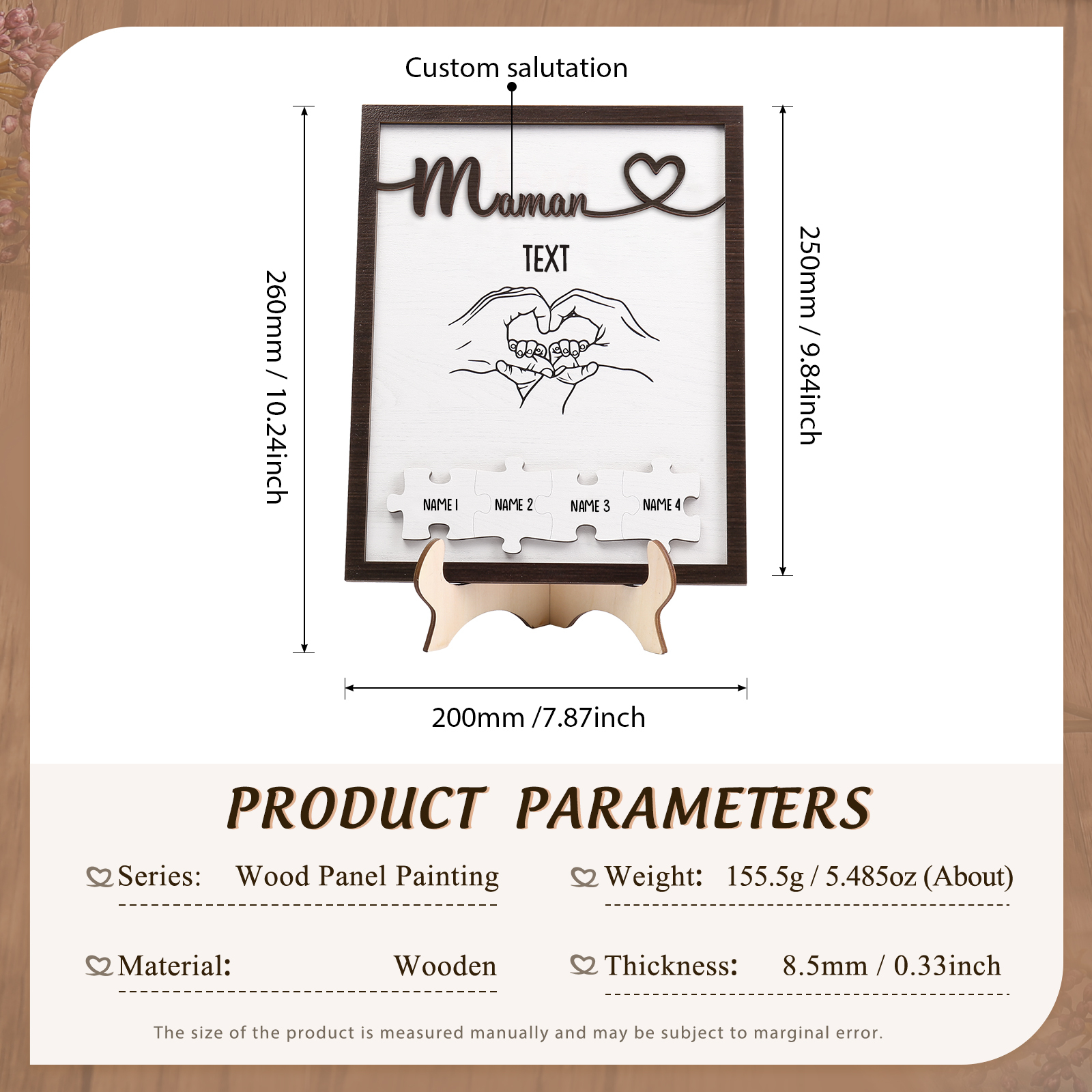 À Maman - Décoration en bois Mains et Puzzles 4 Prénoms et 1 Texte Personnalisés Ornement Famille