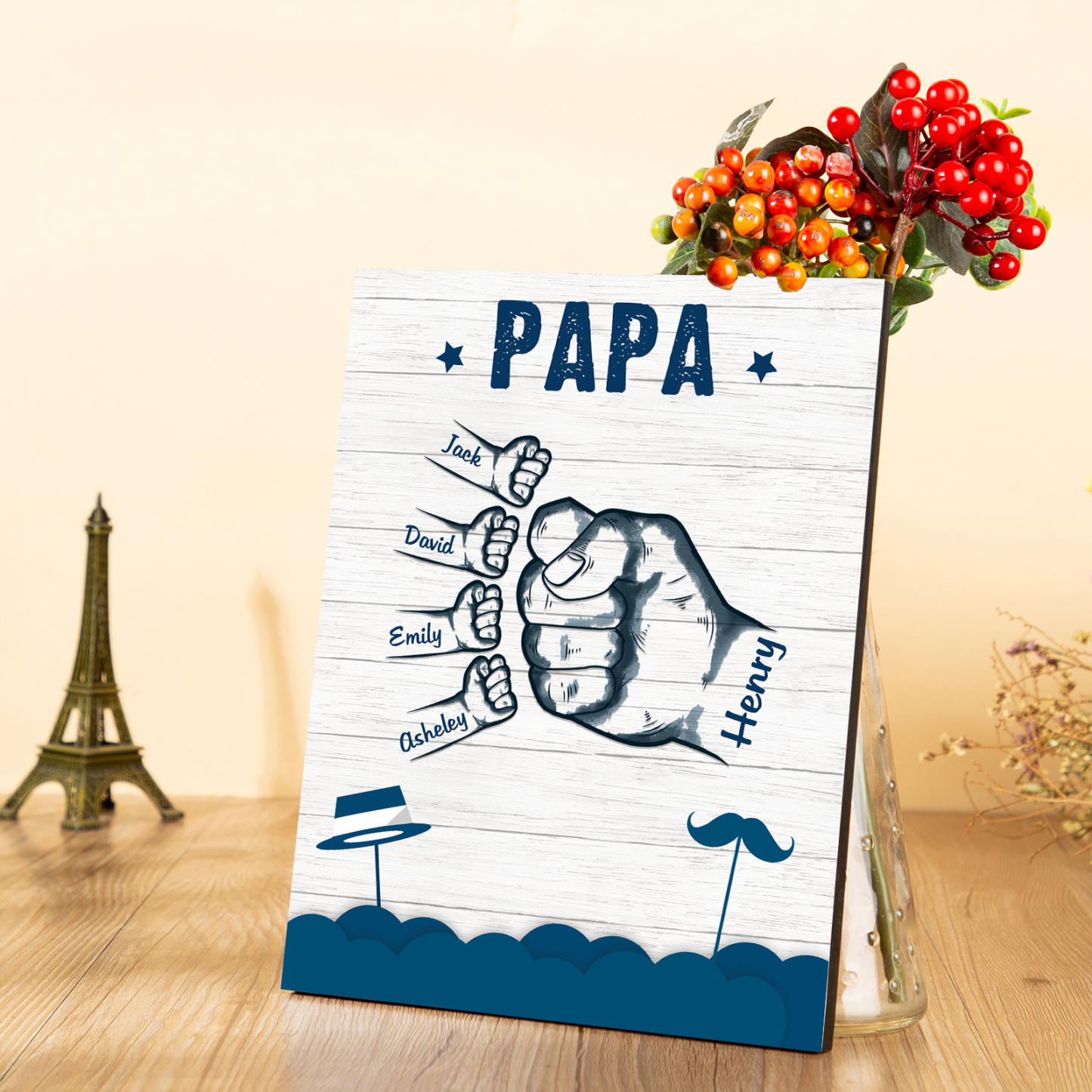 À Mon Papa/Papi-Cadre en Bois Poings 5 Prénoms Personnalisés avec Texte