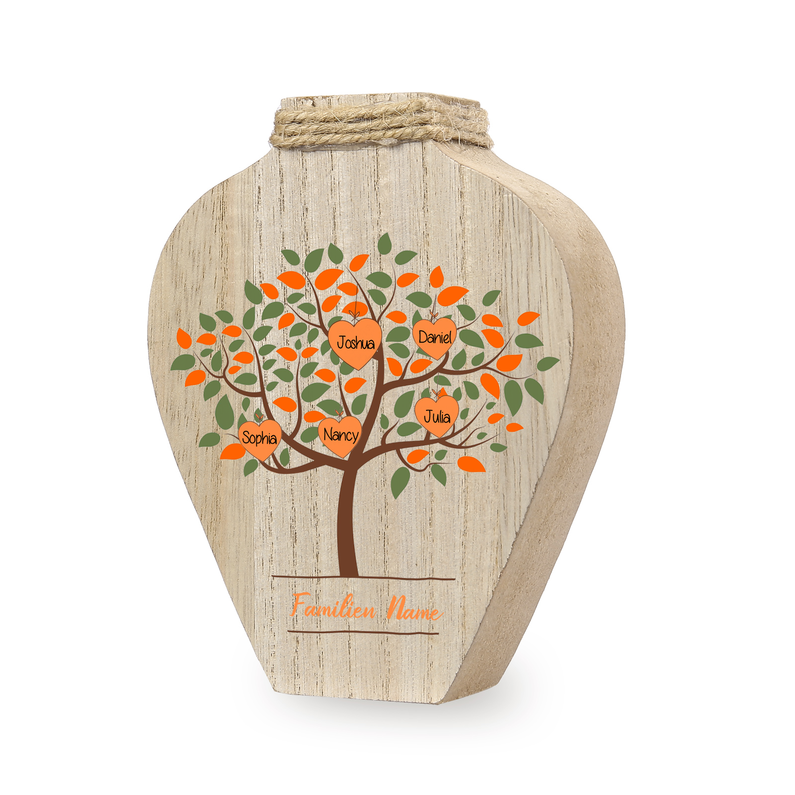 Petit Vase Créatif en Bois Arbre 5 Prénoms Personnalisés avec Texte Décoration de la Maison (sans plantes)