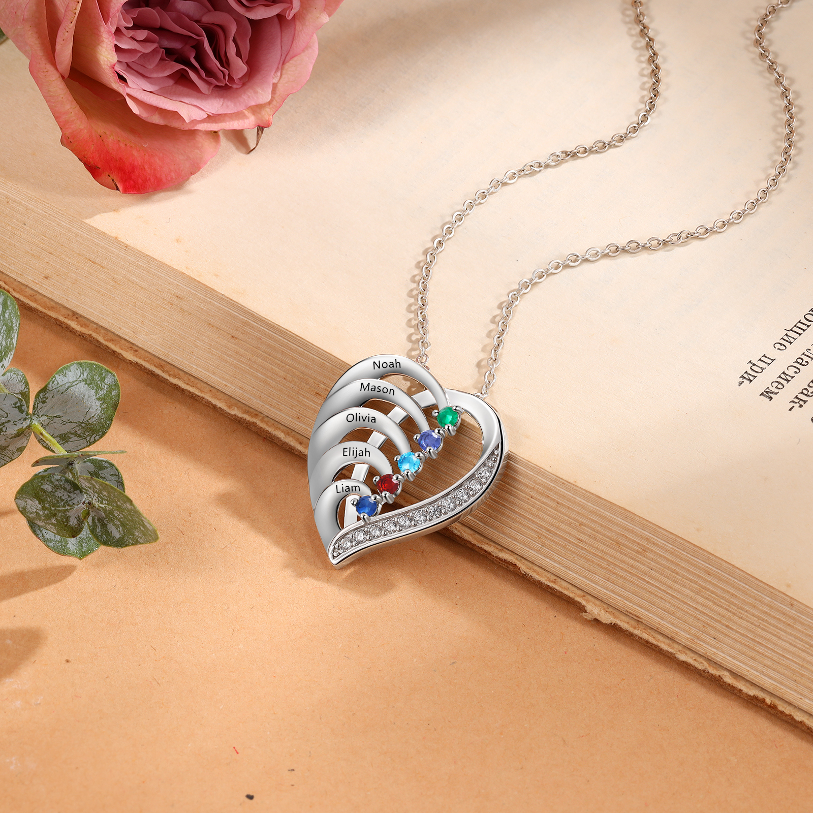 Collier Cœur en Argent 925 5 Prénoms Personnalisés avec Pierre de naissance