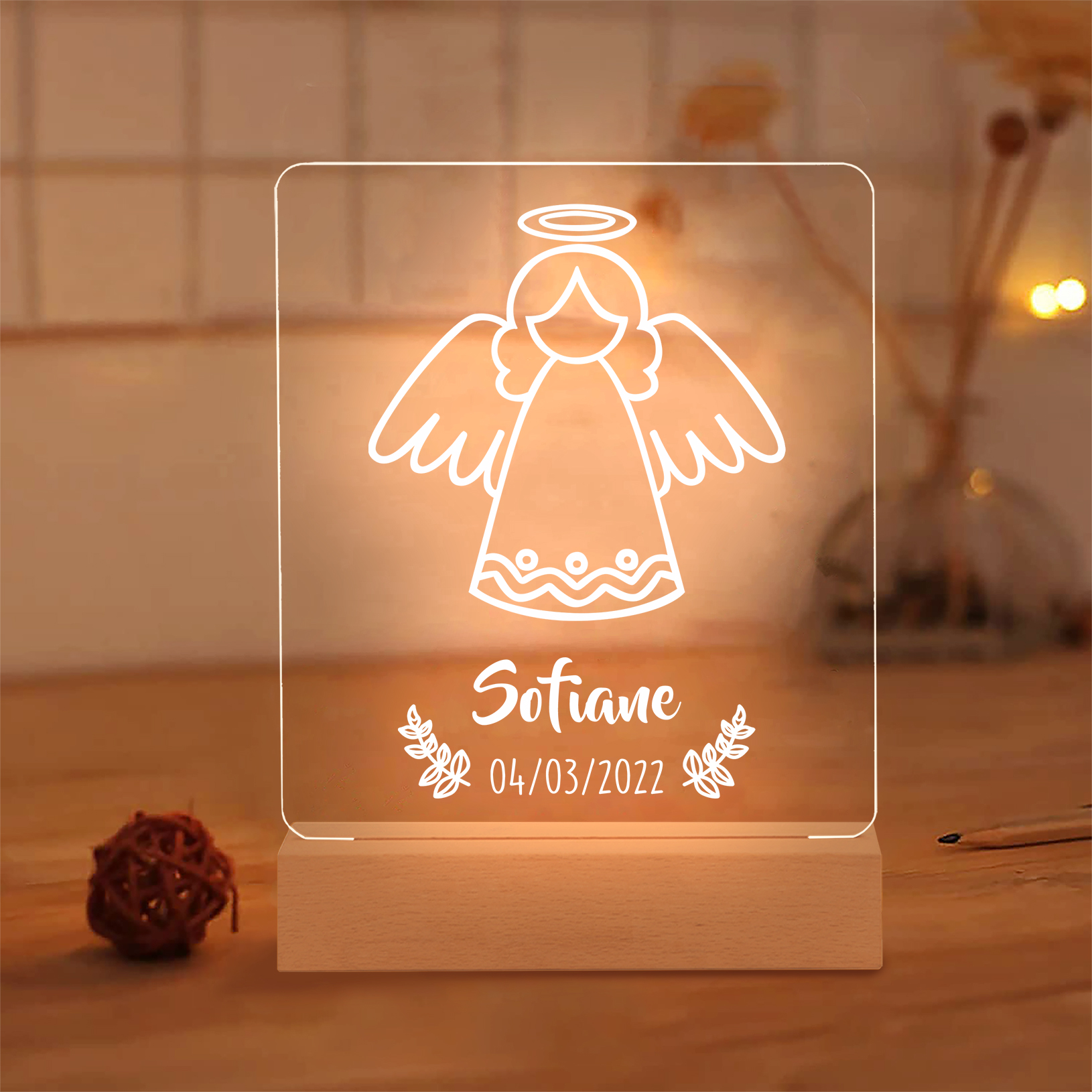 Baptême Lampe de Chevet LED Ange 1 Prénom Personnalisé avec Date