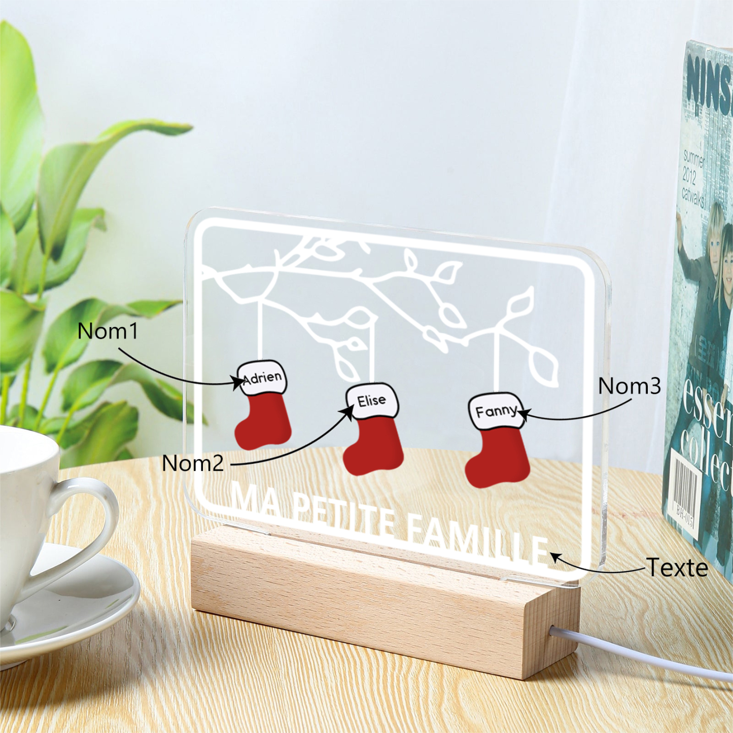 2-8 Noms Lampe de chevet Noël Chaussettes LED Lumières personnalisé avec Texte | Jessemade