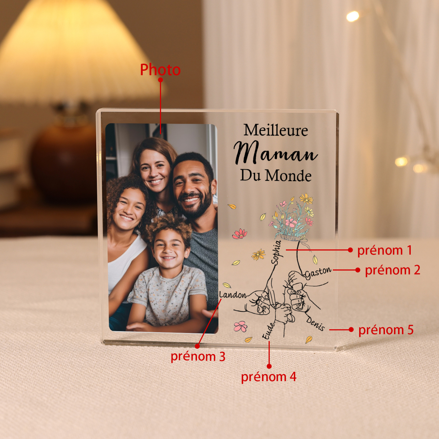 À ma Maman - Plaque Acrylique Carrée la Main dans la Main 5 Prénoms Personnalisés avec Photo