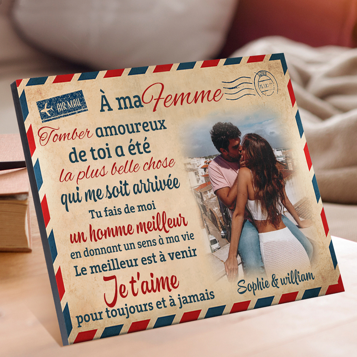 Cadre en Bois 2 Prénoms Personnalisés avec Photo pour Couple Cadeau Saint Valentin