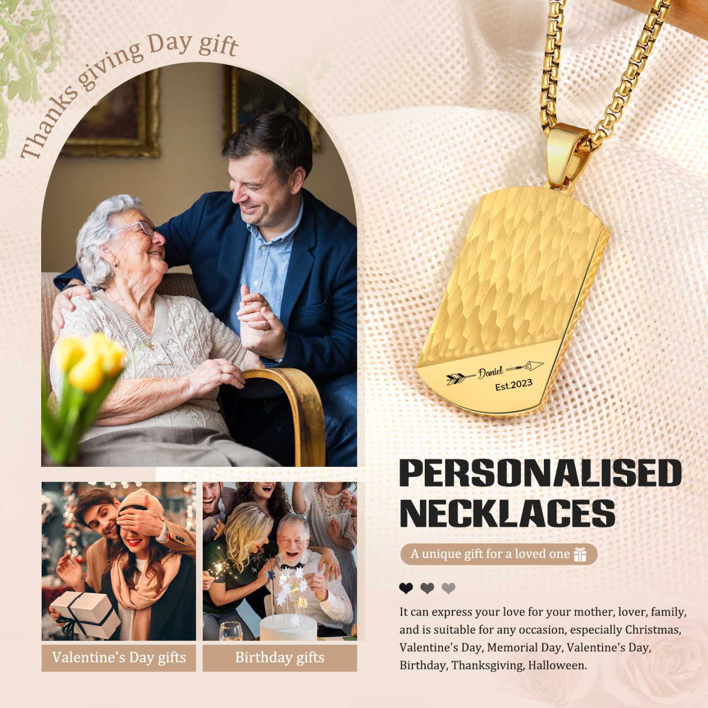 Collier 1 Prénom et Texte Personnalisés avec Année