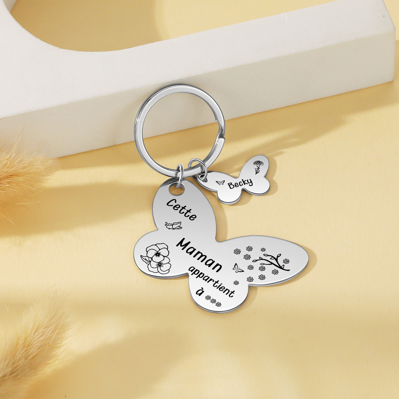 À Maman/Mamie - Porte-Clés Papillon 1 Prénom et Fleur de Naissance Personnalisés avec Texte 