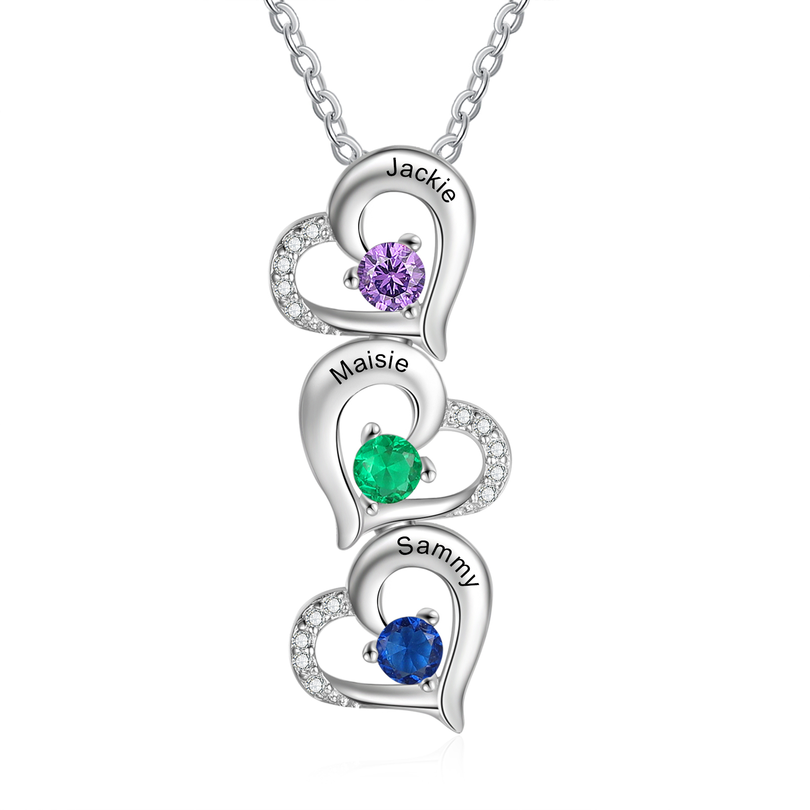Collier Coeur 3 prénoms personnalisés avec 3 pierres de naissance sur pendentif élégant en cuivre | Jessemade