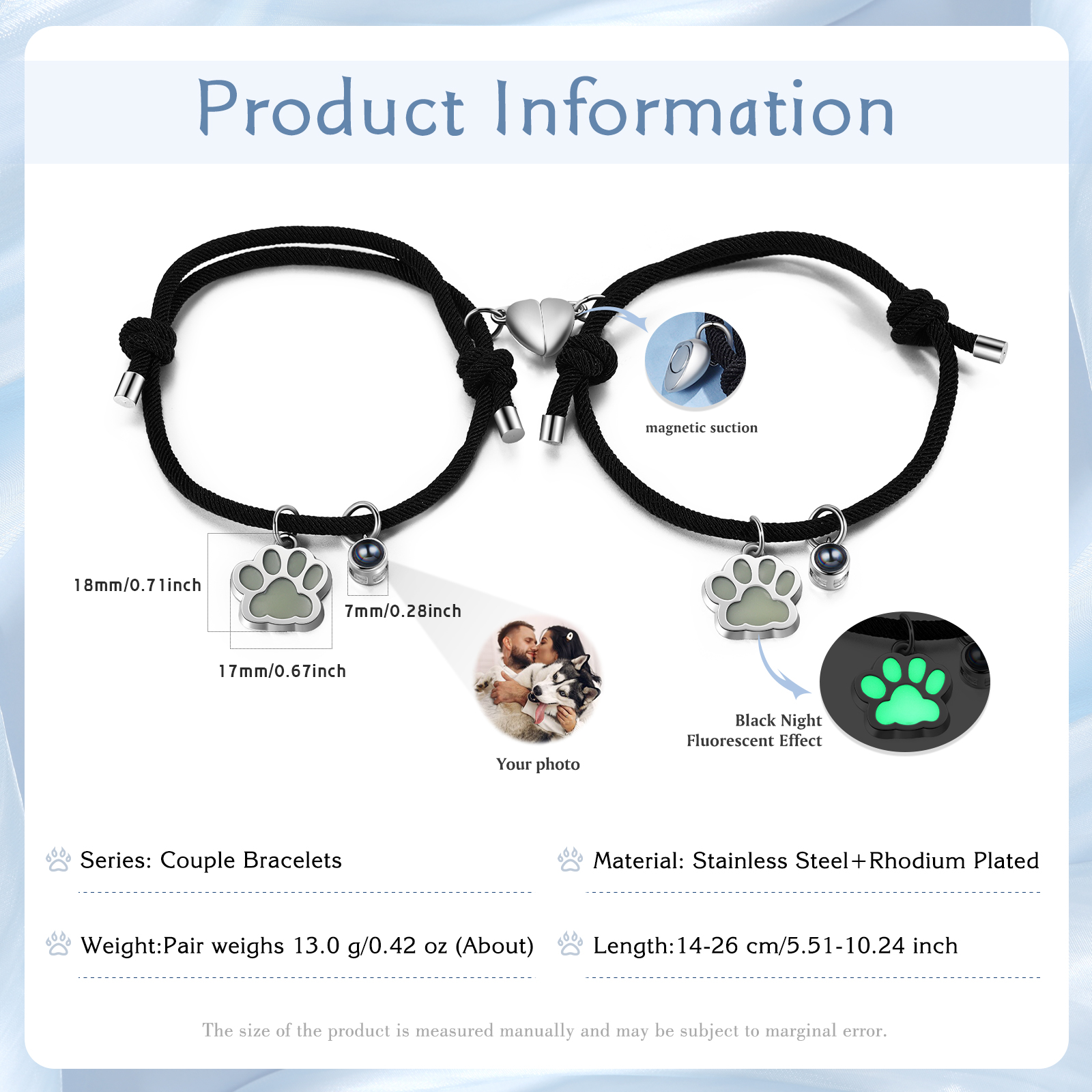 2PCS Bracelets Projection de Pierres Photo Personnalisée pour Couple Bracelet Magnétique Fluorescent