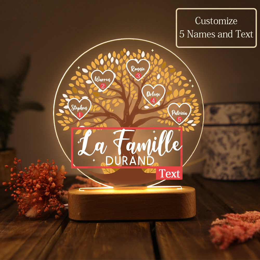 Lampe de chevet Arbre de Vie LED Lumières 5 Prénoms et 1 Texte Personnalisés pour Famille