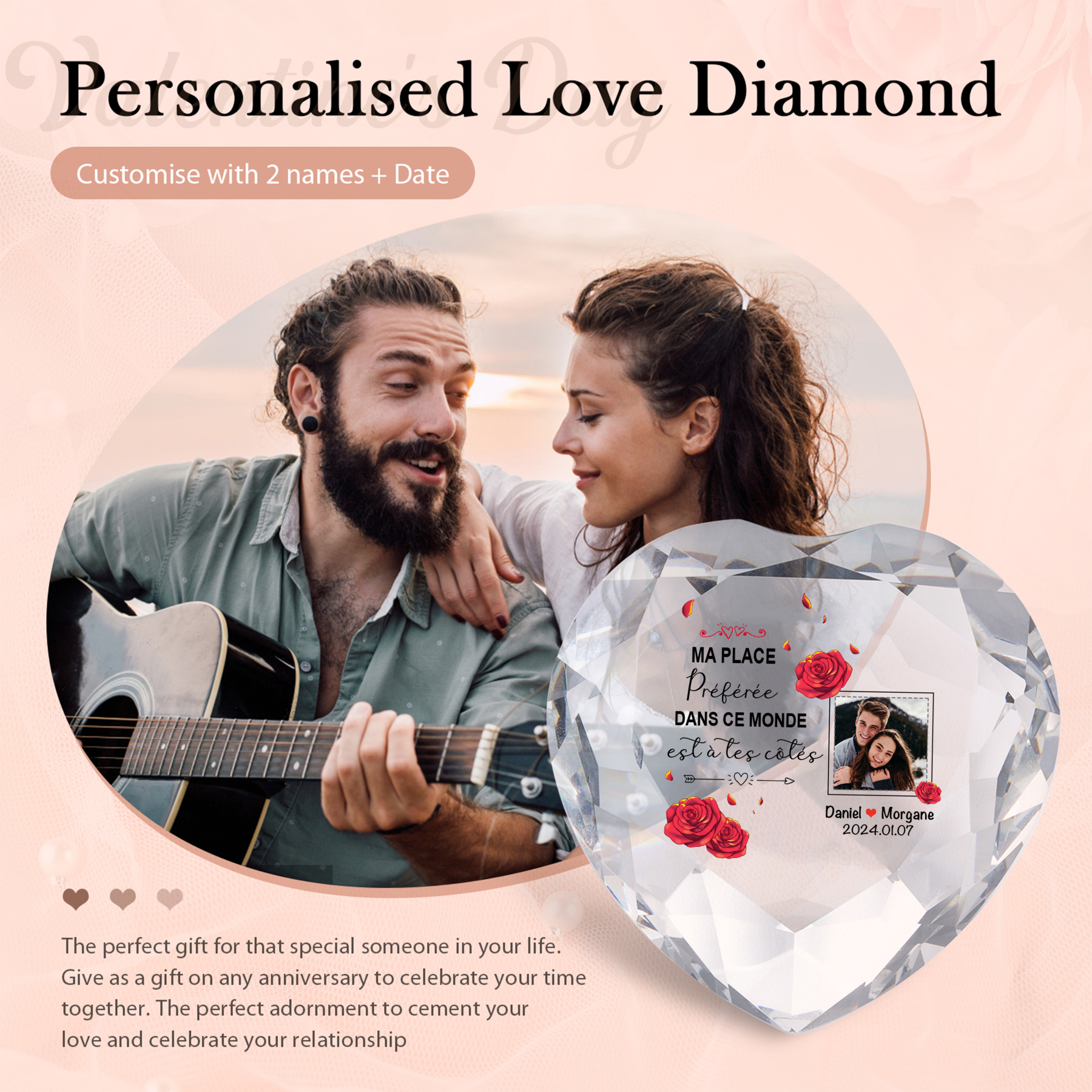 Décoration Cristal Cœur 2 Prénoms et 1 Photo Personnalisés avec Date pour Couple