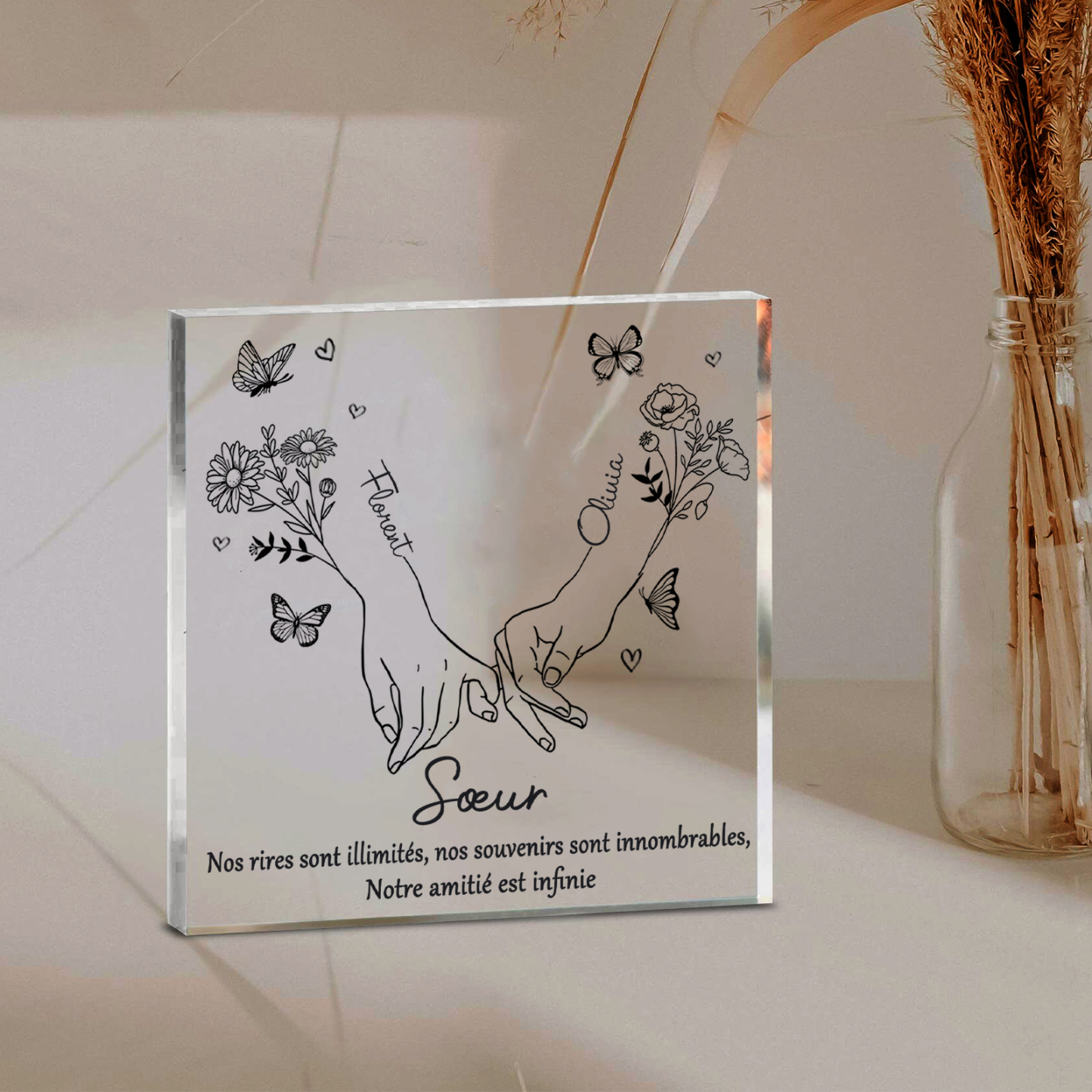 À ma Sœur - Plaque Acrylique Carrée Promesse du petit doigt 2 Prénoms Personnalisés