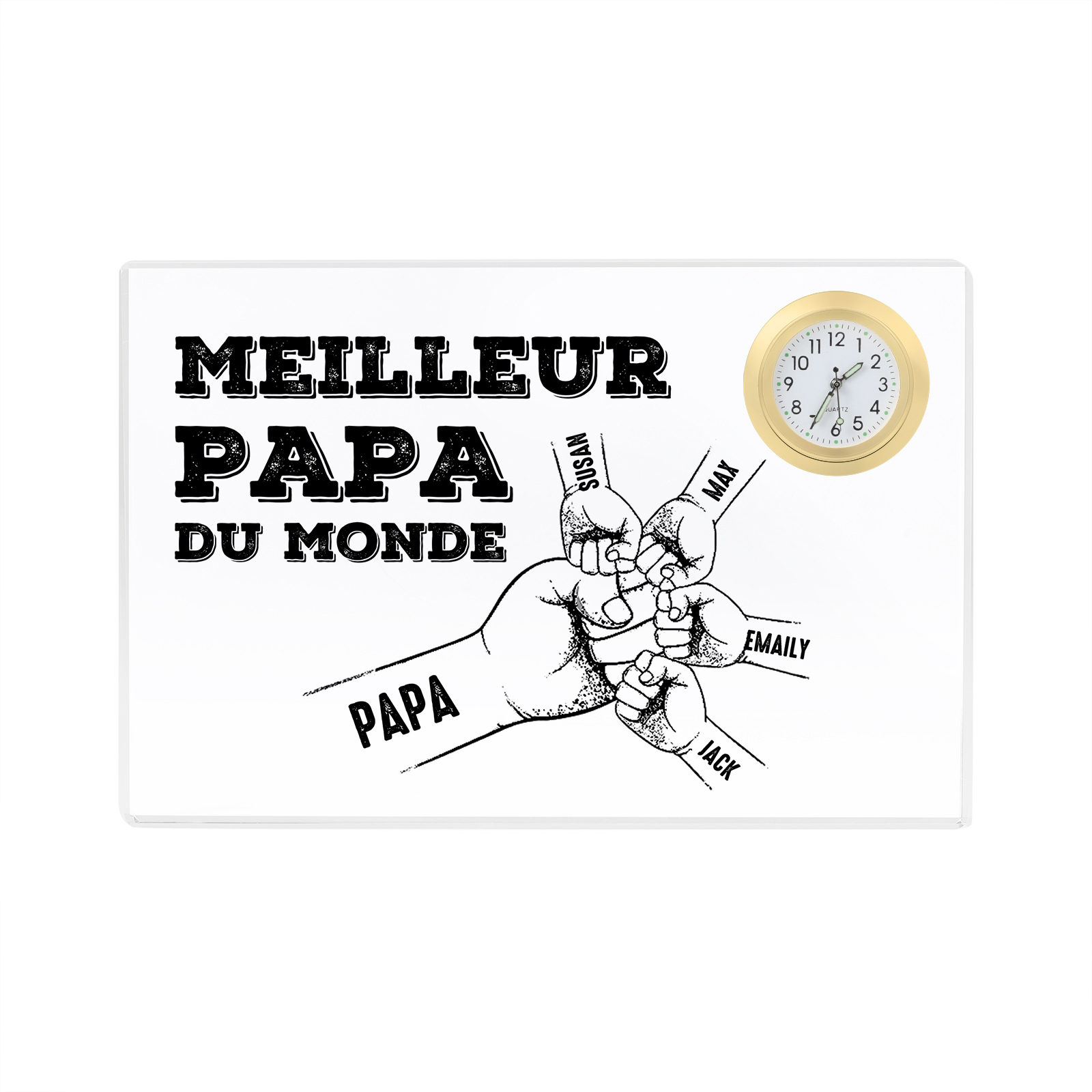 À mon Papa - Plaque Acrylique rectangle avec Horloge Poings 5 Prénoms Personnalisés