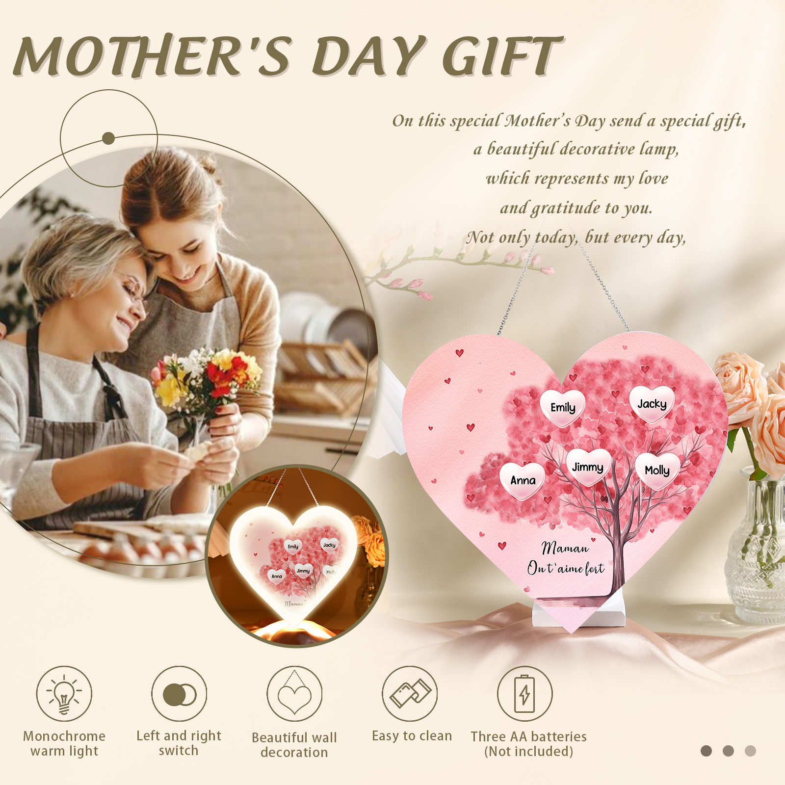 À Maman/Mamie - Veilleuse Cœur Arbre Décoration 5 Prénoms Personnalisés avec 1 Texte