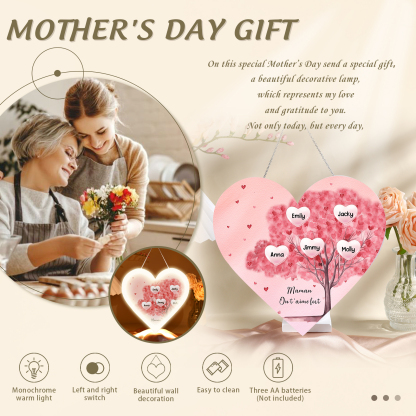 À Maman/Mamie - Veilleuse Cœur Arbre Décoration 5 Prénoms Personnalisés avec 1 Texte