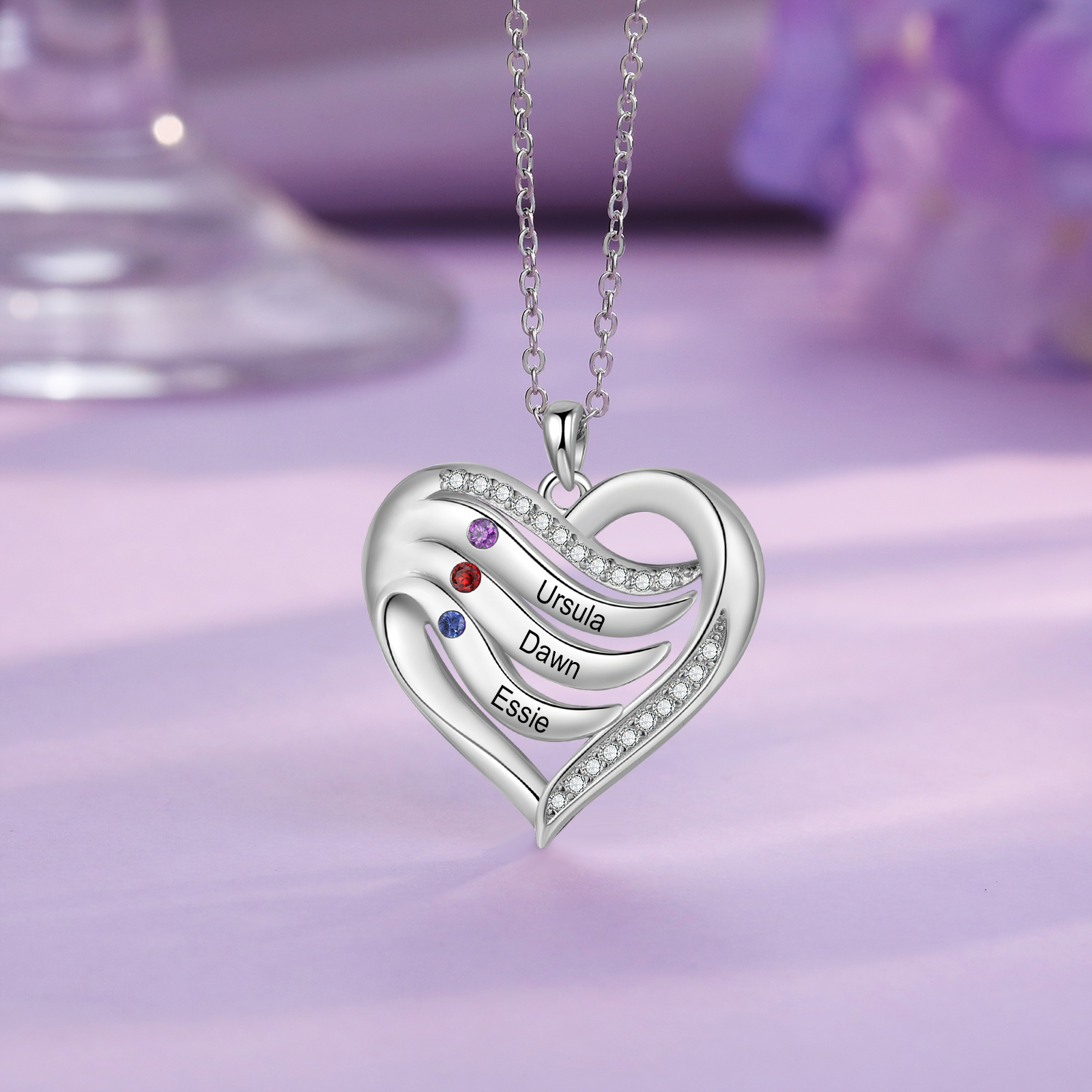 Collier Pendentif Cœur 3 Prénoms Personnalisés avec Pierre de naissance pour Femmes