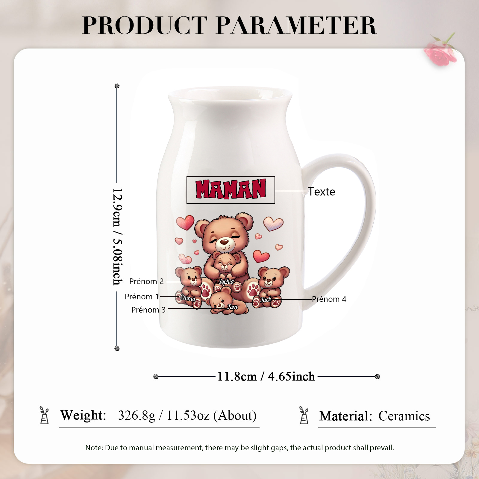 Vase à Fleurs Ours 4 Prénoms Personnalisés avec Texte Décoration de la Maison