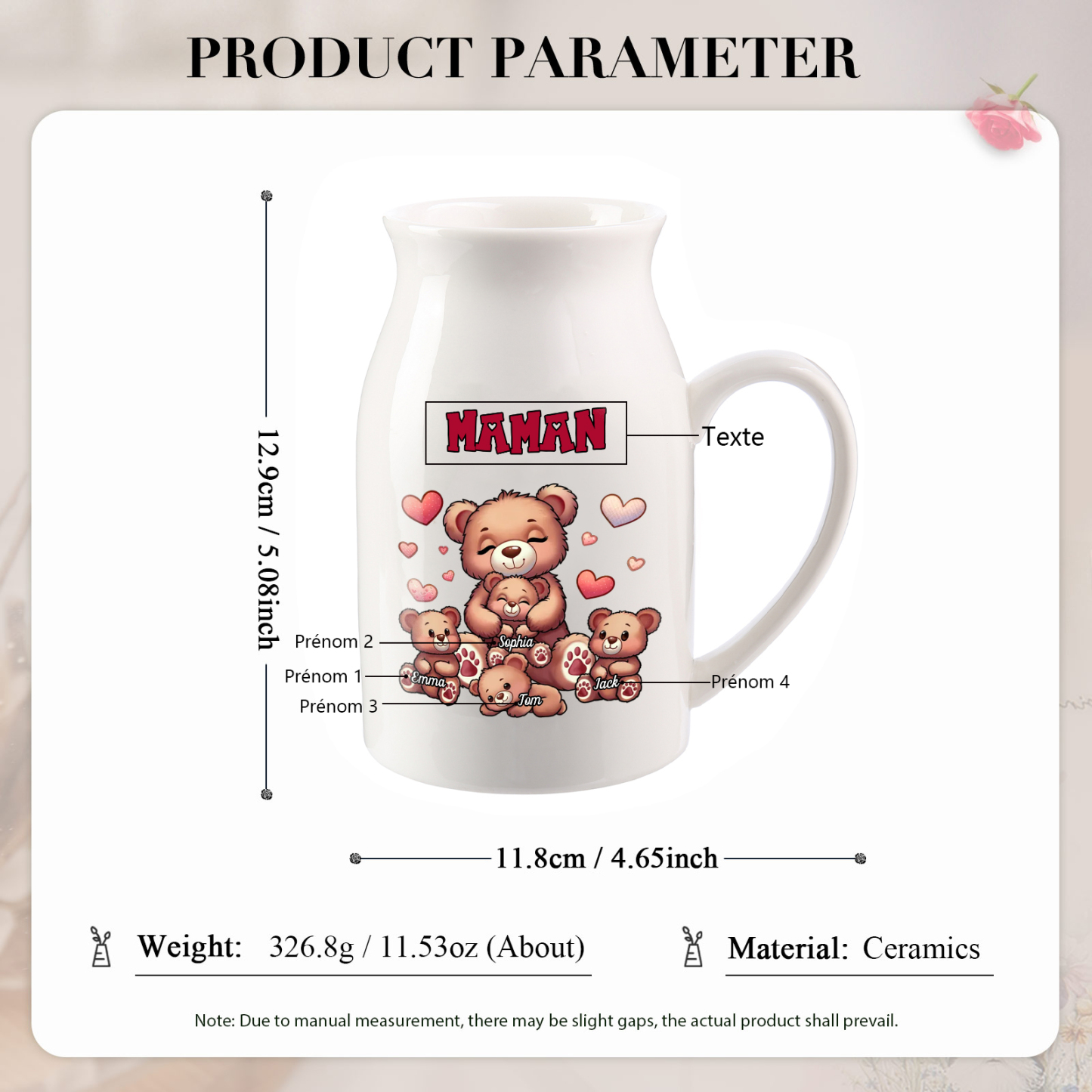 Vase à Fleurs Ours 4 Prénoms Personnalisés avec Texte Décoration de la Maison