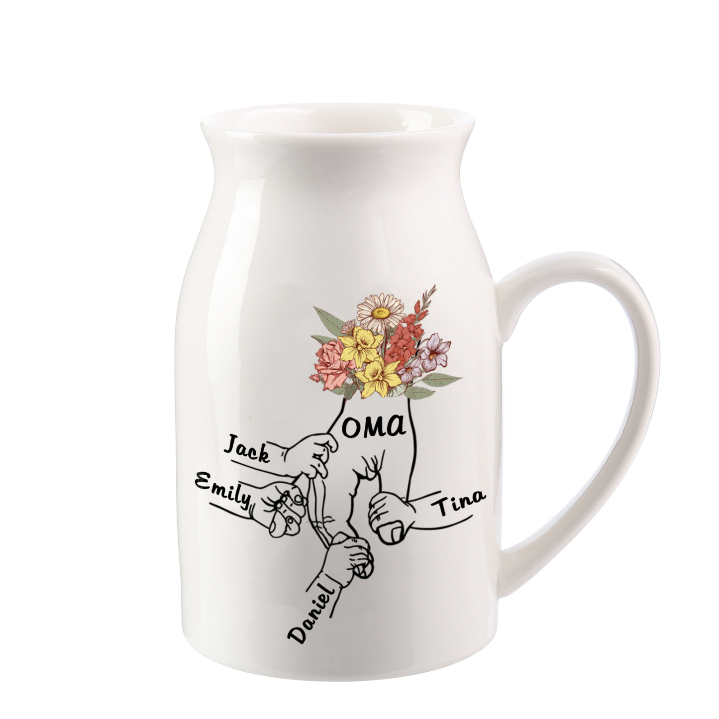Vase à Fleurs la main dans la main 4 Prénoms Personnalisés avec Texte Décoration de la Maison
