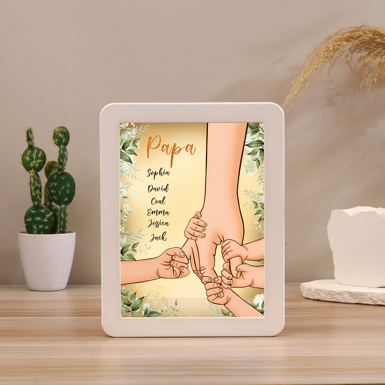 Lampe LED/Cadre Photo/Miroir multifonctionnel la main dans la main 6 Prénoms et 1 Tetxe Personnalisés Cadeau Créatif pour Famille