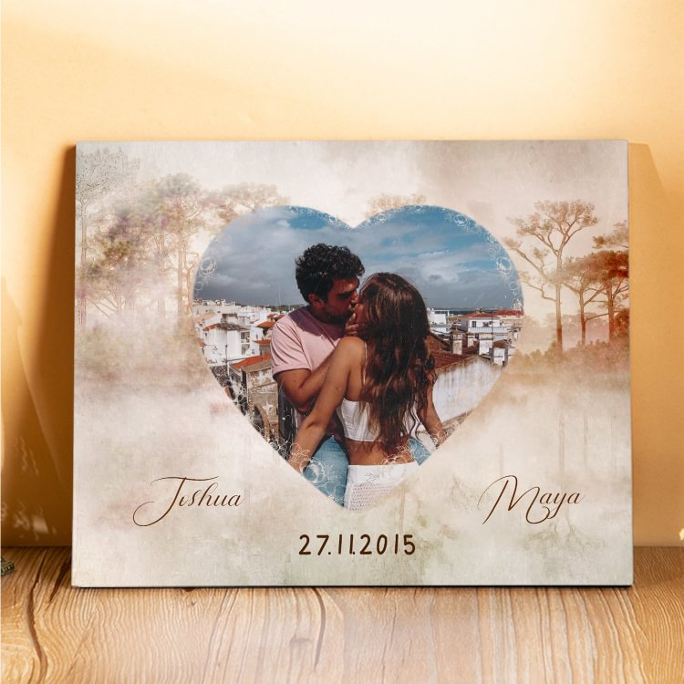 Cadre en Bois 2 Prénoms Personnalisés avec Photo et Date pour Couple Cadeau Saint Valentin