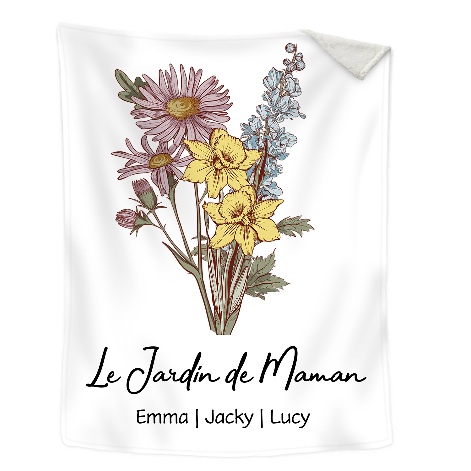 À ma Maman - Plaid Personnalisé avec 3 Prénoms et Fleurs de Naissance Couverture en Flanelle Blanc/Rose le jardin de Maman | Jessemade