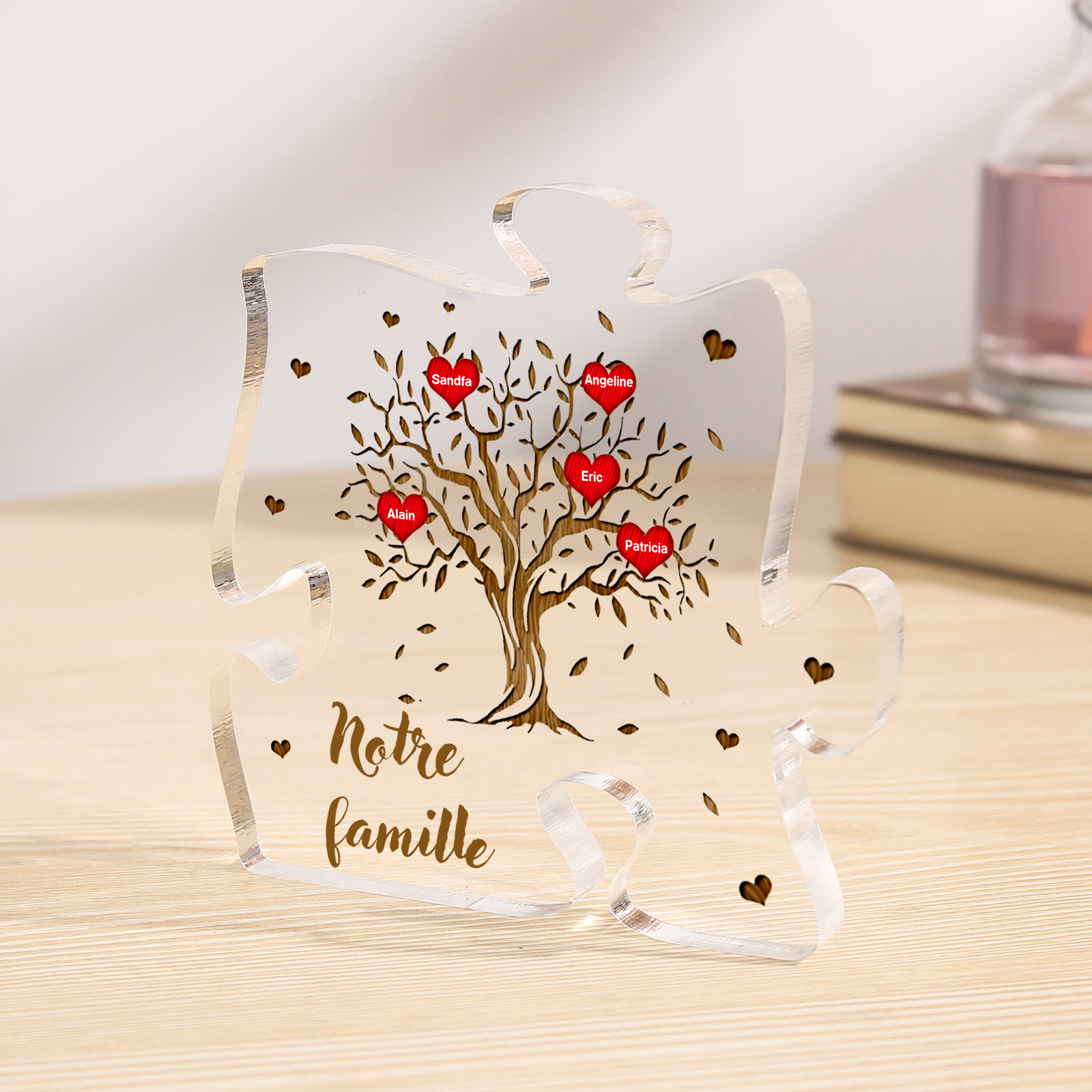 Plaque Acrylique en forme de Puzzle Arbre de Vie 5 Prénoms et Texte Personnalisés