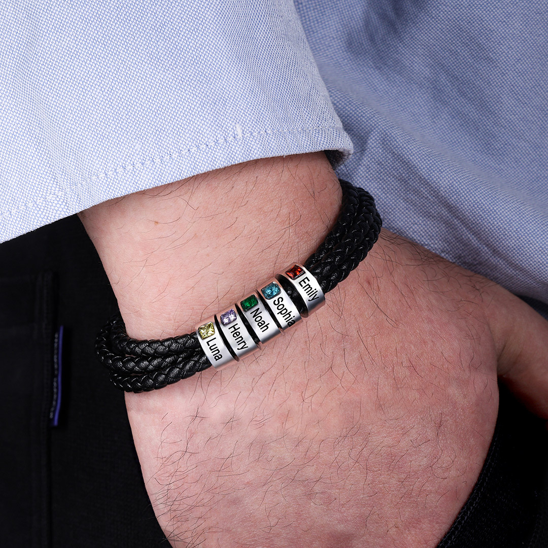 Bracelet 4 Prénom Personnalisé Avec 4 pierre de naissance Bracelet Homme