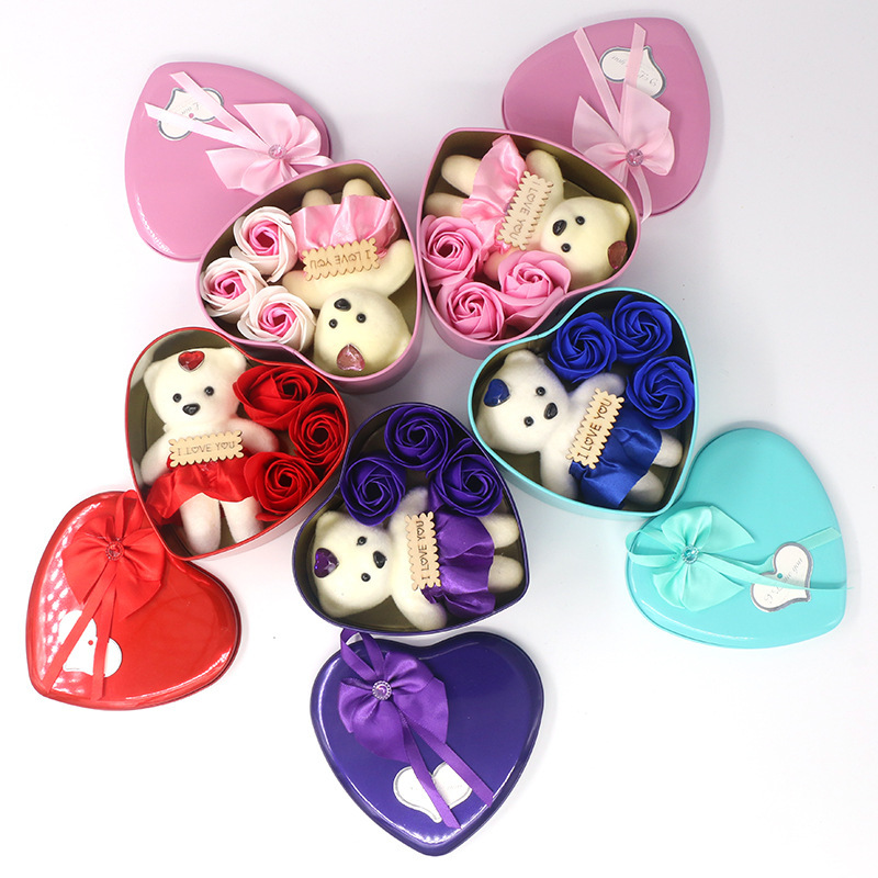 Boîte Cœur mini Ours Fleurs de savon Roses Cadeau Décoration | Jessemade