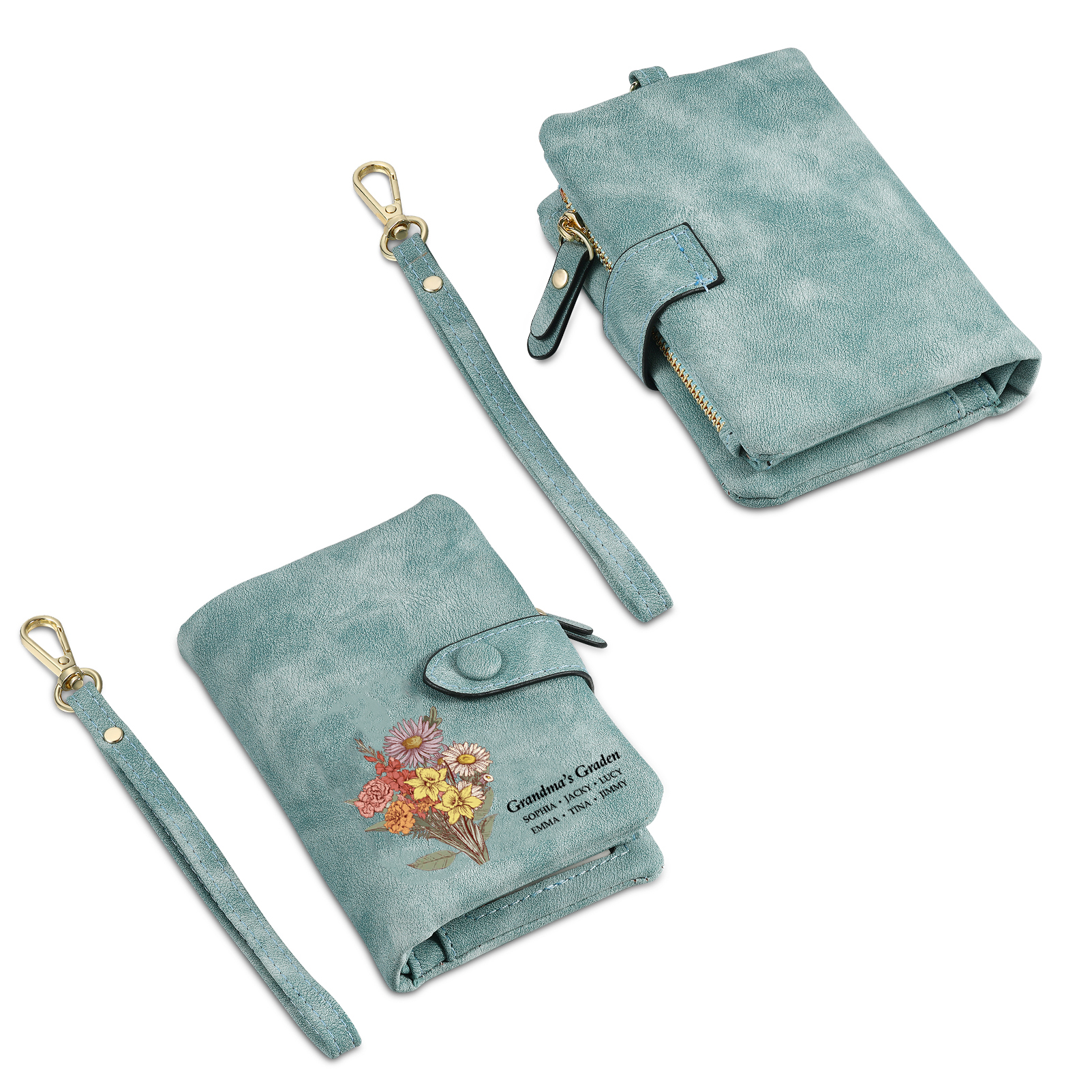 Portefeuille Fleur de naissance 1-6 Prénoms Personnalisés Porte-Monnaie Carte pour Femmes