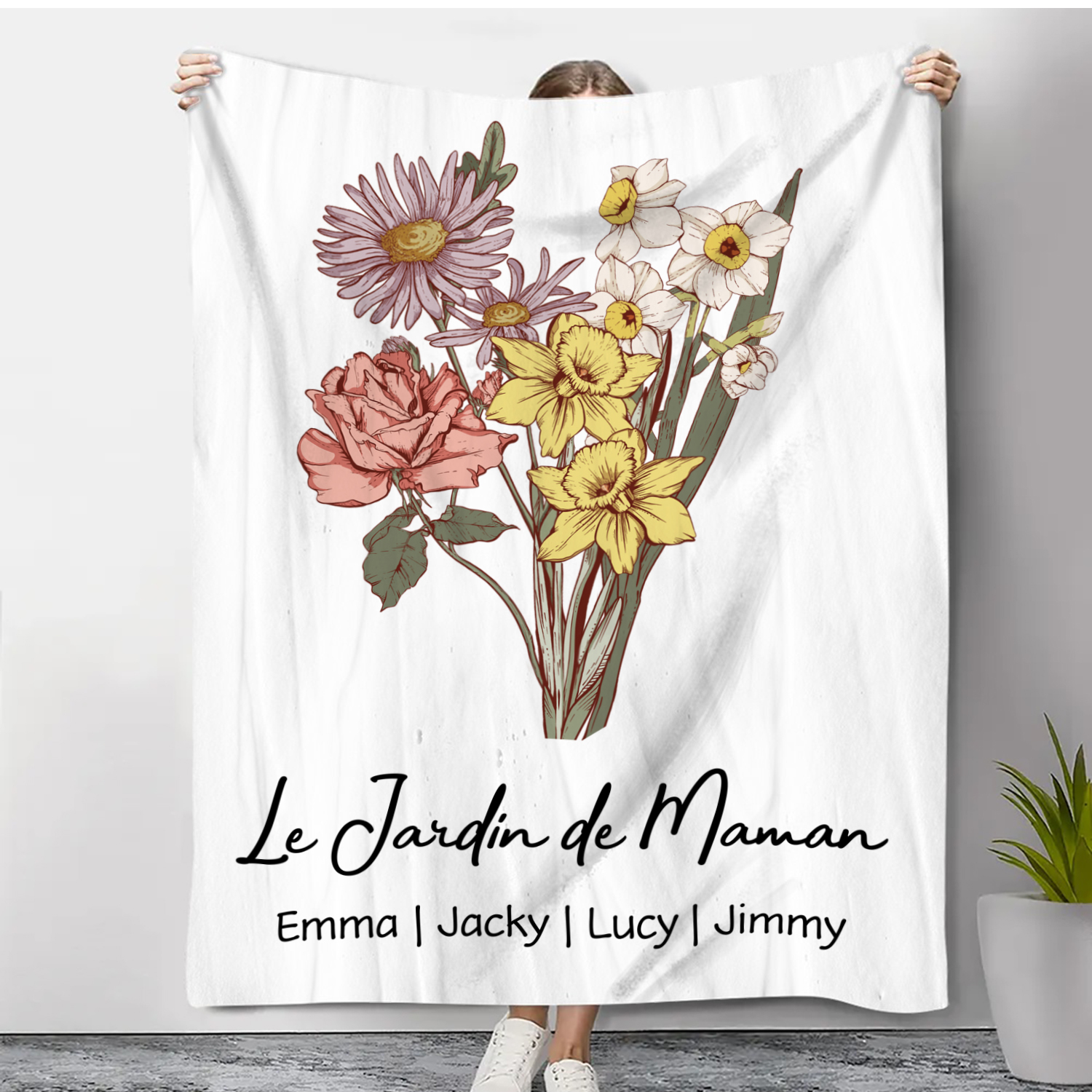 Plaid Personnalisé avec Prénoms et Fleurs de Naissance – Confort Doux et Unique | Jessemade