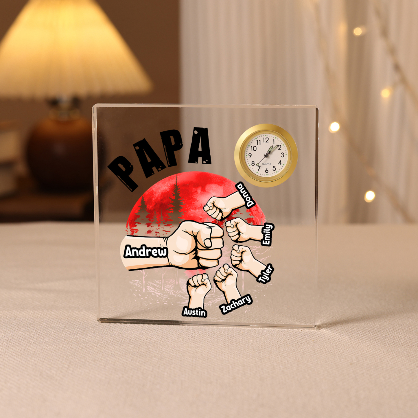 À Papa/Papi - Plaque Acrylique Poings Carré avec Horloge 6 Prénoms et 1 Texte Personnalisés