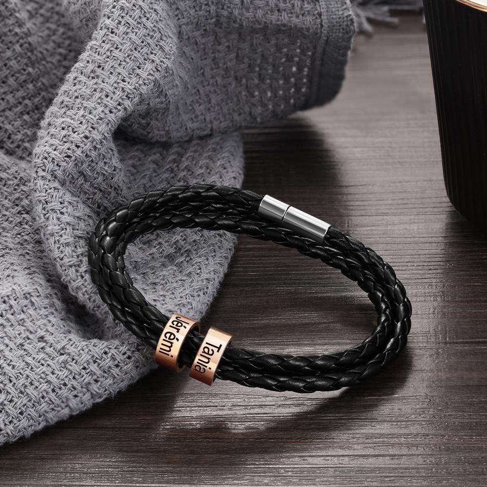 Bracelet Cuir tressé Prénom Personnalisé Bracelet Homme Avec 2 Perles