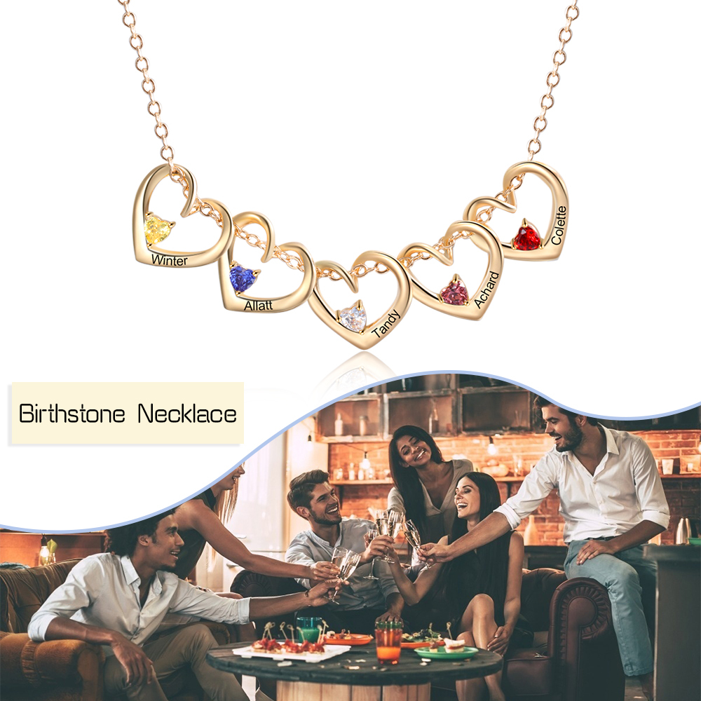 Collier Pendentif Cœur 5 Prénoms Personnalisés avec Pierre de Naissance Collier Femmes | Jessemade