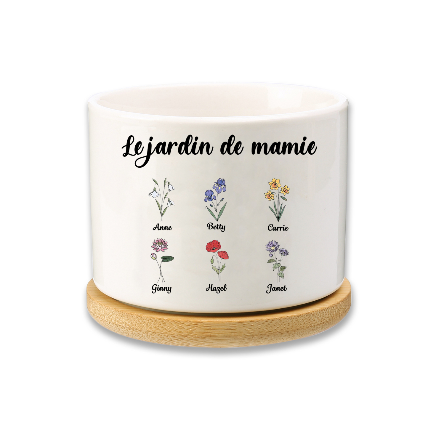 Vase/Pot de Fleurs 6 Prénoms et 1 Texte Personnalisés avec Fleurs de Naissance Décoration de la Maison (sans plantes)
