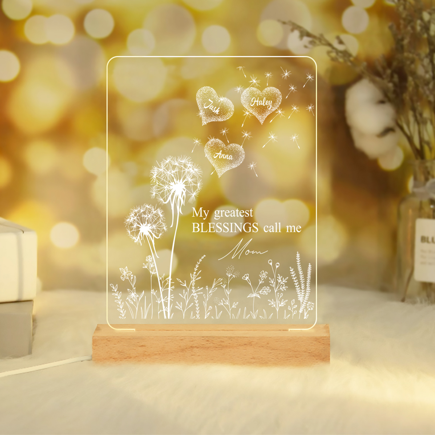 À Maman/Mamie - Lampe de chevet LED Pissenlit 3 Prénoms Personnalisés avec 2 Textes pour Famille