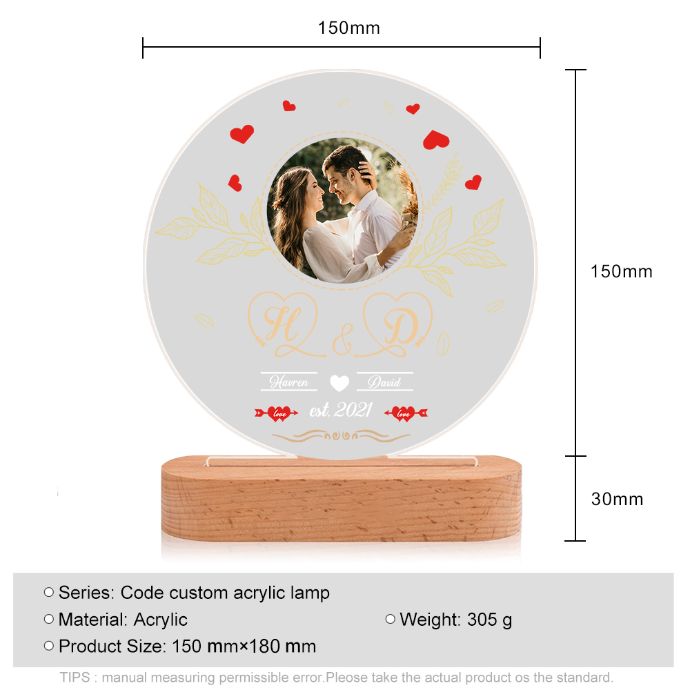 Lampe de chevet Couple LED Lumières 2 Prénoms et 2 Lettres Personnalisés avec Date et Photo