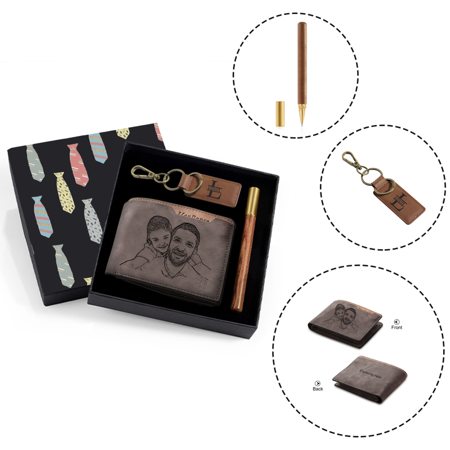 Coffret Cadeau 3PCS - Portefeuille classique Porte-Clés et Stylo 1 Photo et Texte Personnalisés avec 1 Prénom et Lettre Coffret Cadeau pour Homme