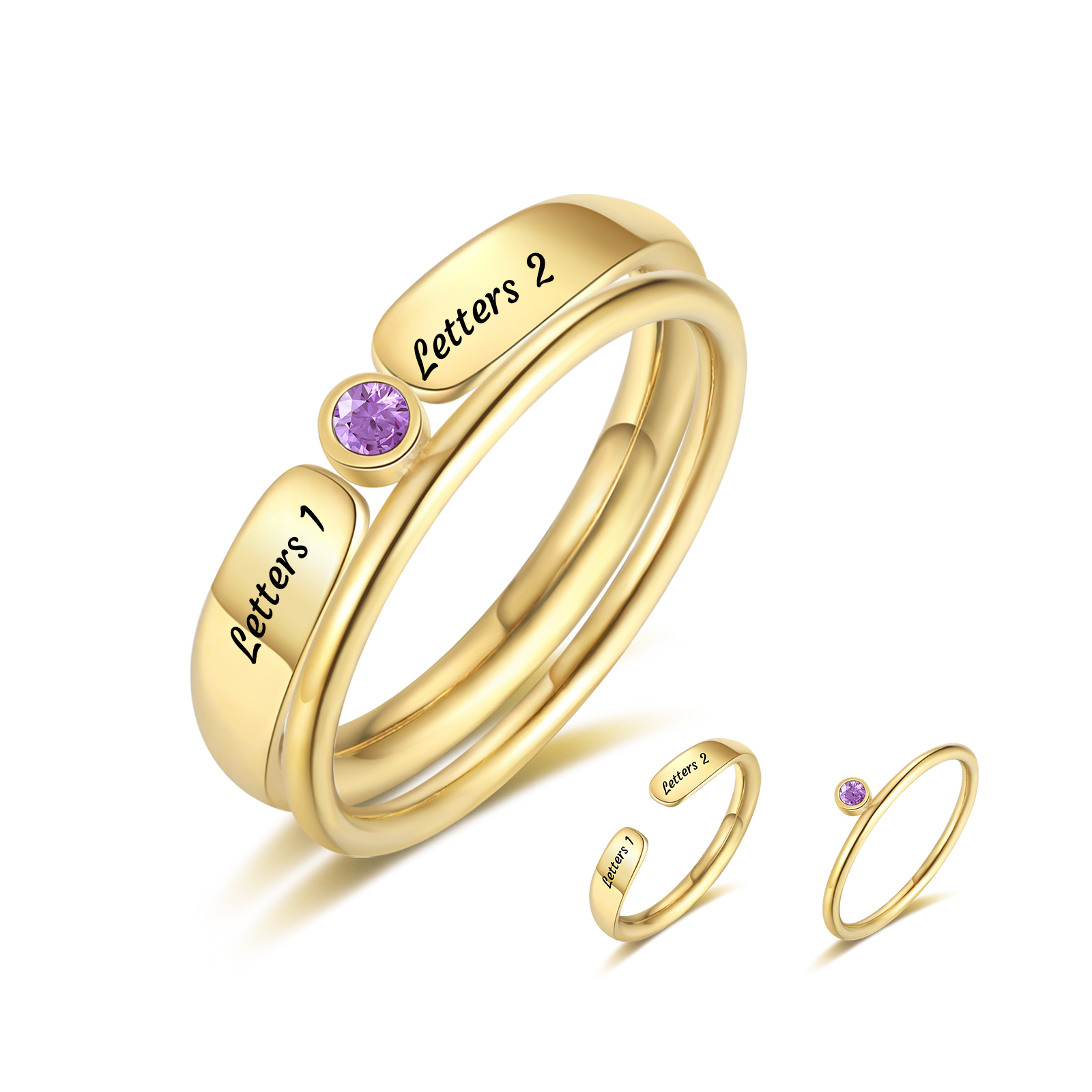 Bagues empilables personnalisées, initiales gravées et pierre de naissance