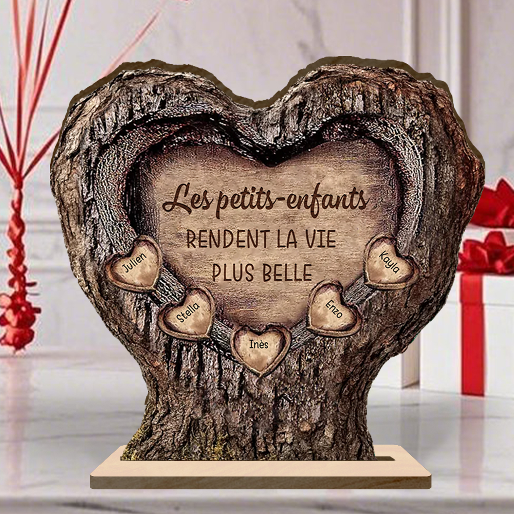 Plaque en bois personnalisée cœur-tronc avec prénoms des petits-enfants cadeau Papi et Mamie